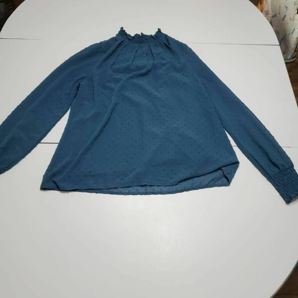 Blue Rair Womens Blouse Navy Embroidered Elastic Cuff Mock Neck Keyhole Button M